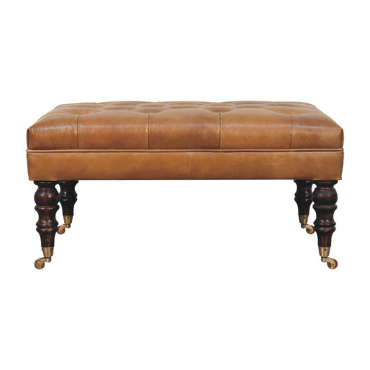 Artisan Furniture Solid Wood California Walnut Buffalo Leather Ottoman with Castor Legs