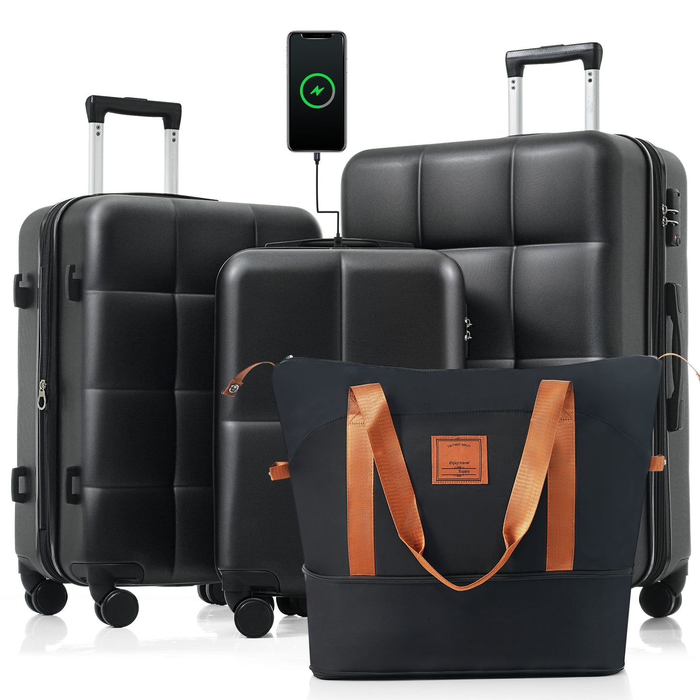 Luggage Sets 4 Piece, 20-inch with USB Port, Expandable ABS Durable Suitcase with Travel Bag,  Cup Holder, ABS Hard Shell Luggage with Spinner Wheels, black and brown