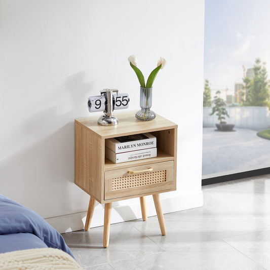 15.75' Rattan End table with  drawer and solid wood legs, Modern nightstand, side table for living room, bedroom,natural