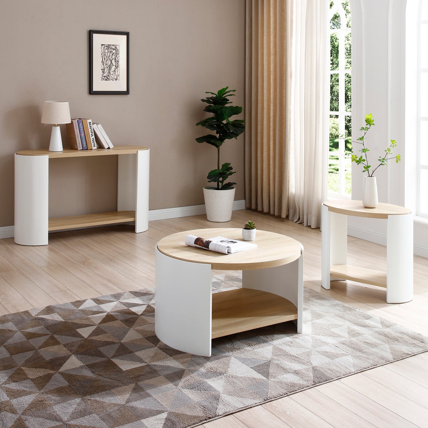 3 Table Set Round Coffee Table ,31' Coffee Table for Living Room,2-Tier Rustic Wood Desktop with Storage Shelf Modern Design Home Furniture(Natural color and white)