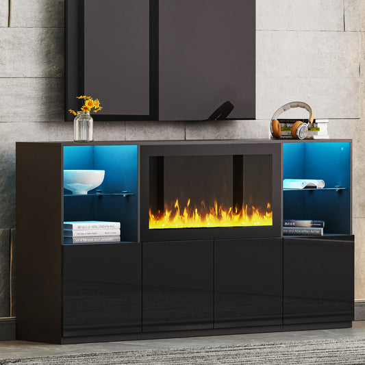 ON-TREND High Gloss TV Stand with 34.2' Non-heating Electric Fireplace, Modern Entertainment Center with LED Light, Media Console with Tempered Glass Shelves for TVs up to 75', Living Room, Black