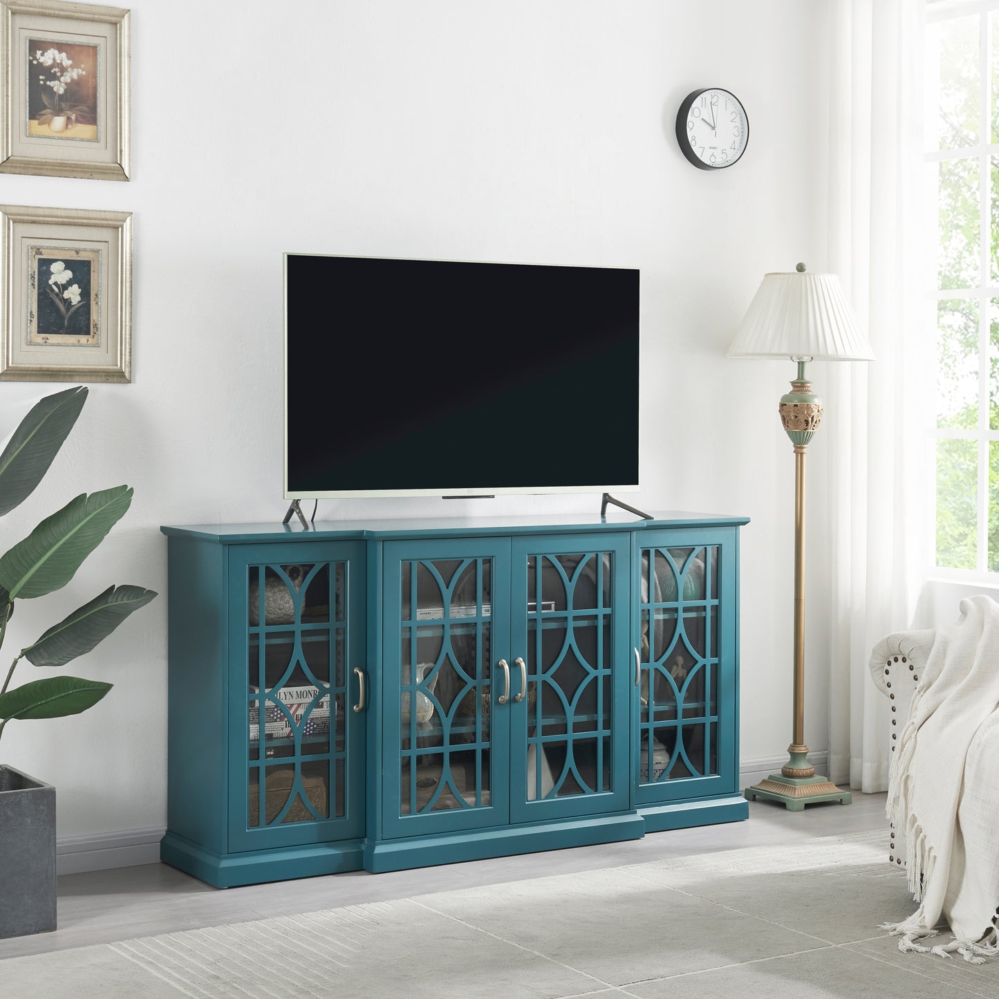63' TV Stand,  Sideboard Buffet ,Storage Cabinet, Teal Blue