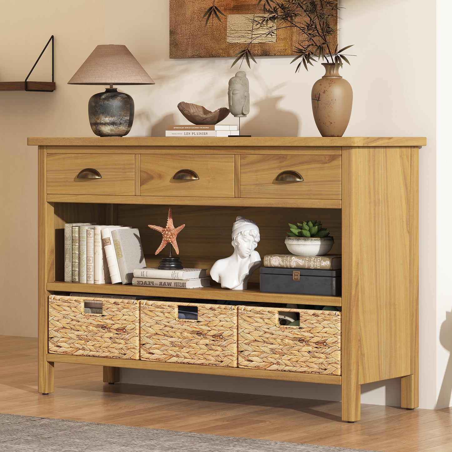 TREXM Retro Console Table with 3 Storage Drawers, Entryway Table with 3 Water Hyacinth Woven Baskets,Wooden Accent Sofa Table Buffet Cabinet for Entryway, Hallway and Living Room (Natural)