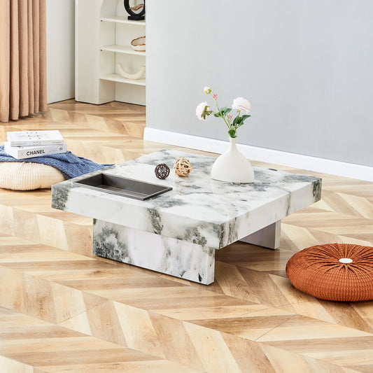 A modern and practical coffee table, black and white in imitation marble pattern, made of MDF material. The fusion of elegance and natural fashion 31.4'* 31.4'* 12 '