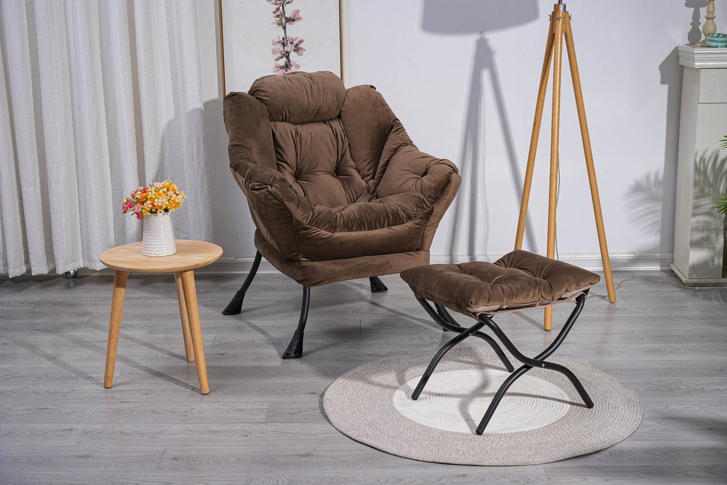 Living Room Chairs Modern Cotton Fabric Lazy Chair, Accent Contemporary Lounge Chair, Single Steel Frame Leisure Sofa Chair with Armrests and A Side Pocket (Brown ),with ottoman ,with footrest