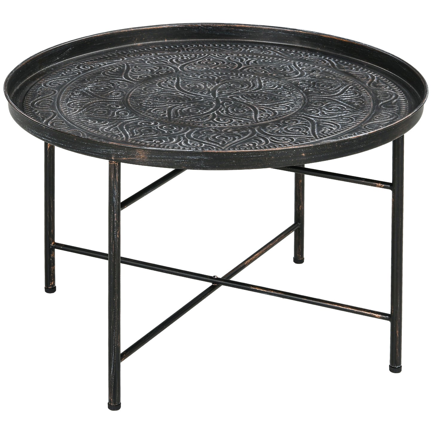 HOMCOM 24' Round Coffee Table with Hammered Tray Top, Vintage Metal Center Table for Living Room, Bedroom, Side Table, Pewter