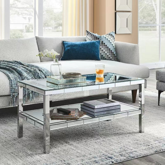 W 39.5' X D 19.5'X H 19.5' 2-layer crystal mirror stainless steel frame coffee table for use in offices, shops, living rooms, or bedrooms