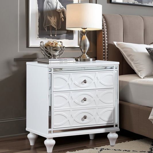 Contemporary Nightstands with mirror frame accents, Bedside Table with two drawers and one hidden drawer, End Table with Crystal Pull for Living Room,Bedroom, White