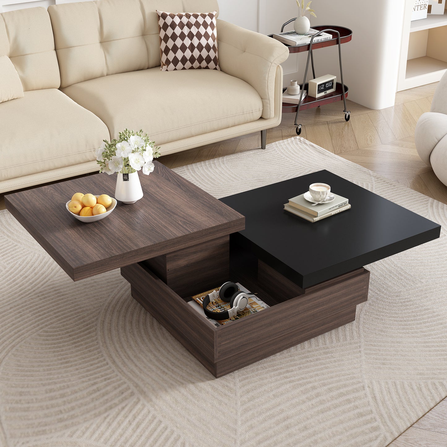 [Video Provided] U-Can Rotatable Top Coffee Table, Modern Square Coffee Table with Wood Grain Design, 1 Hidden Storage Space for Living Room, Black+Brown