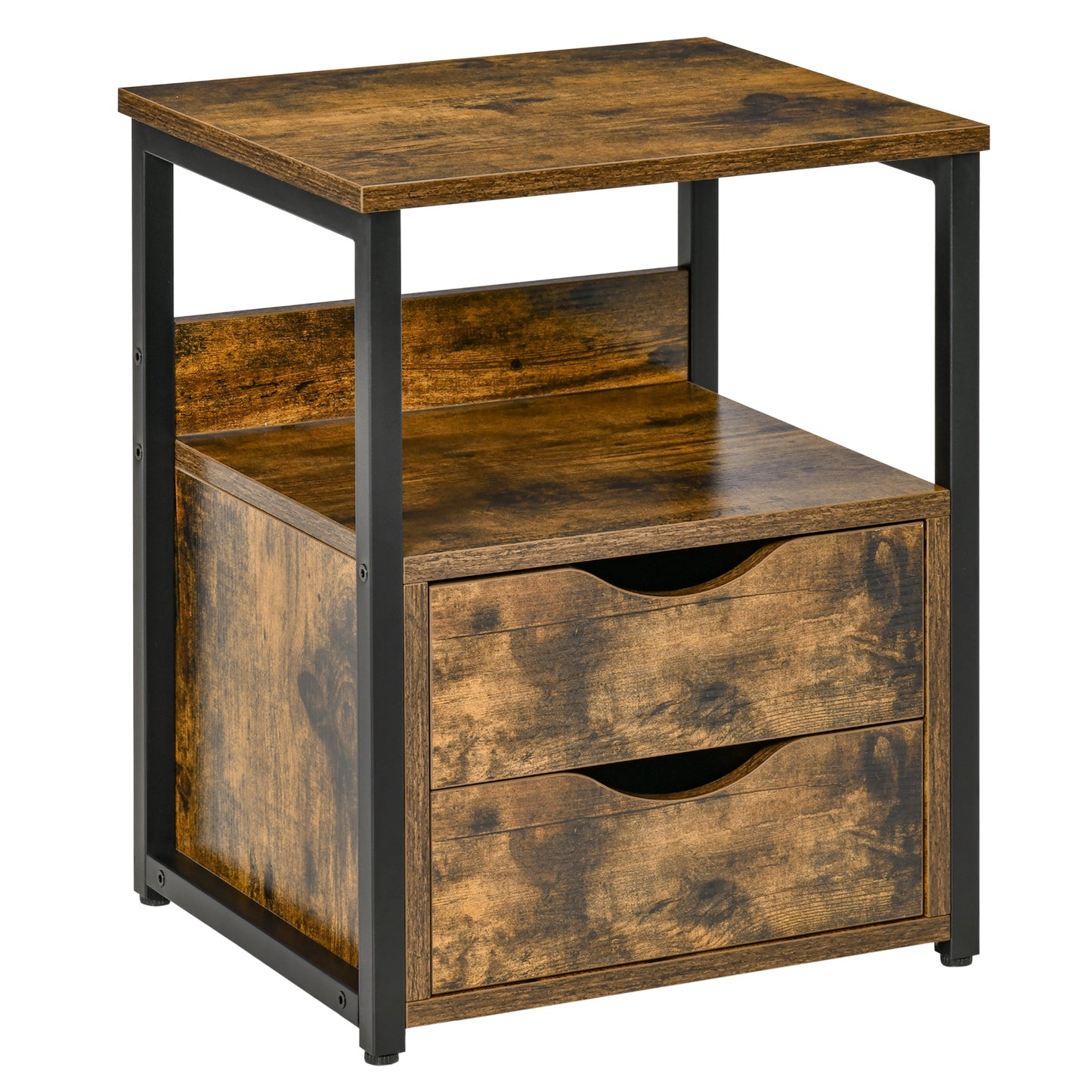 HOMCOM Industrial Side Table with 2 Drawers, Small End Table with Storage Shelf, Accent Sofa Table with Groove Handle and Metal Frame for Living Room, Brown
