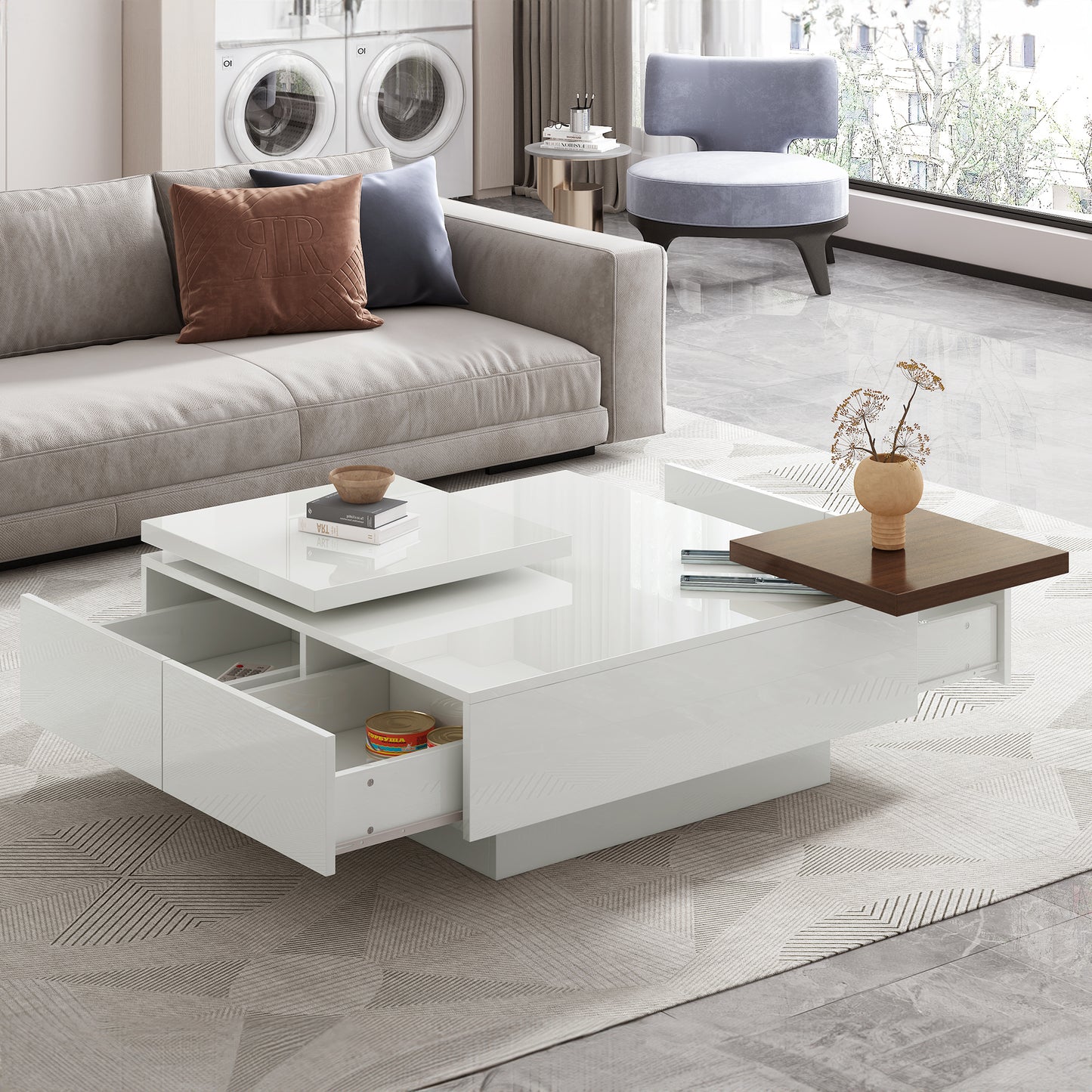 U-Can Movable Top Coffee Table, Modern Square Wood Coffee Table with High Gloss finish, 4 Hidden Storage Drawers for Living Room(Date of Expected Arrival: 11.25)