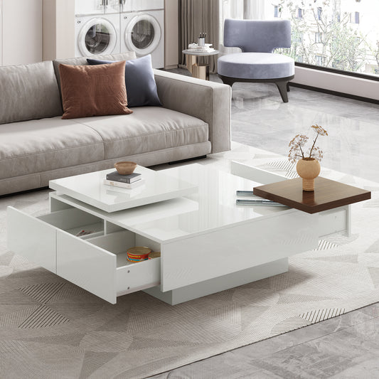 U-Can Movable Top Coffee Table, Modern Square Wood Coffee Table with High Gloss finish, 4 Hidden Storage Drawers for Living Room(Date of Expected Arrival: 11.25)