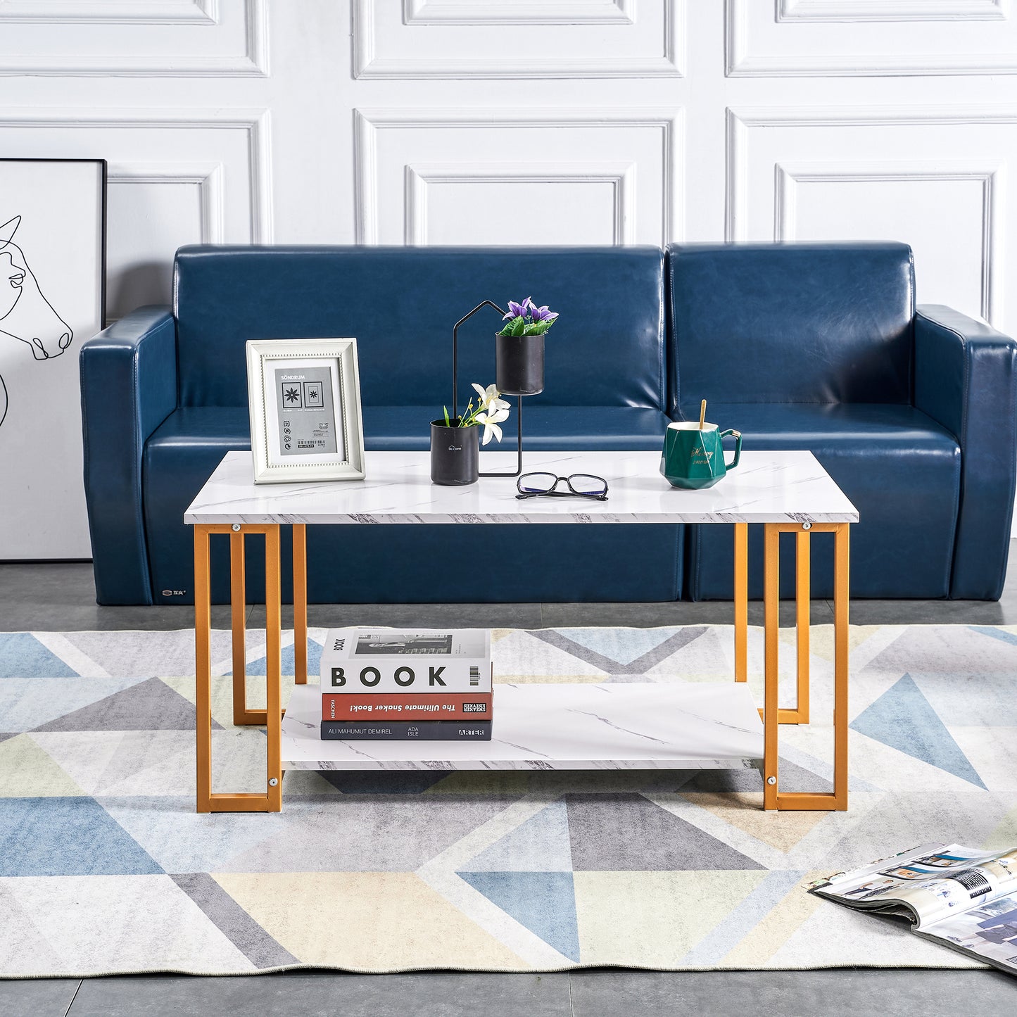 D&N Coffee Table, 2 Layers 1.5cm Thick Marble MDF Rectangle 39.37' L Tabletop Iron Coffee Table , Dining Room, Coffee Shop, Resterant, White Top, Gold Leg