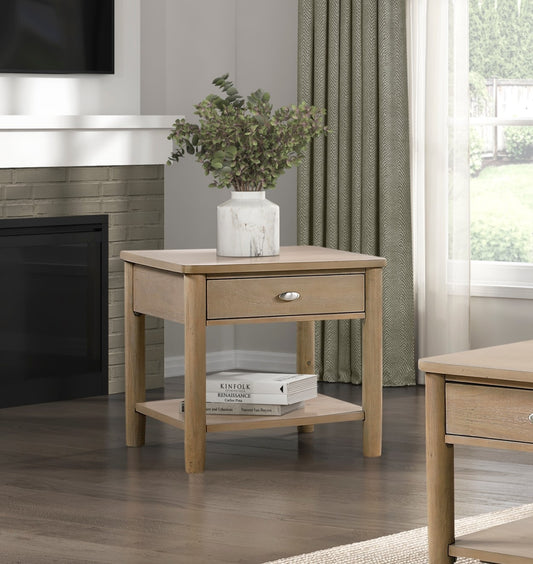 Classic Natural Finish 1pc End Table with Drawer and Open Shelf Wooden Living Room Furniture Chair Side Table
