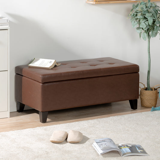 Storage Ottoman with Wooden Legs, Faux Leather Ottoman with Storage for Living Room, Bedroom & Hallway, Ottoman Foot Rest, 38.4' Brown Ottoman