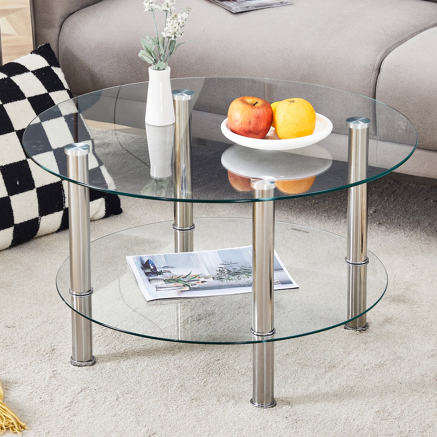 Contemporary Minimalist Double Layer Tempered Glass Coffee Table - 27.5' Top and 23.6' Bottom.Reinforced Glass Tabletop,Stainless Steel Silver Plated Legs.