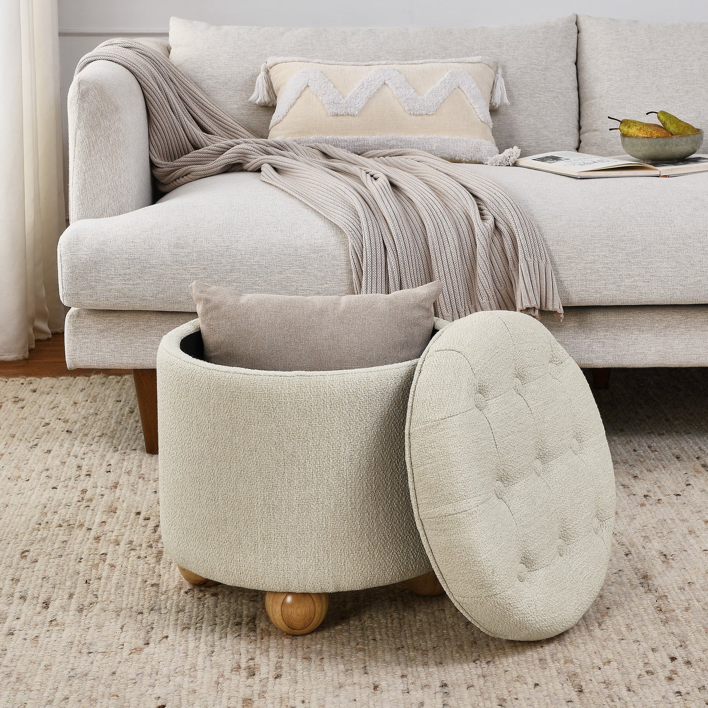Round Storage Ottoman, multi-functional round linen button Ottoman, lid can be turned over as a table top, with storage space-BEIGE