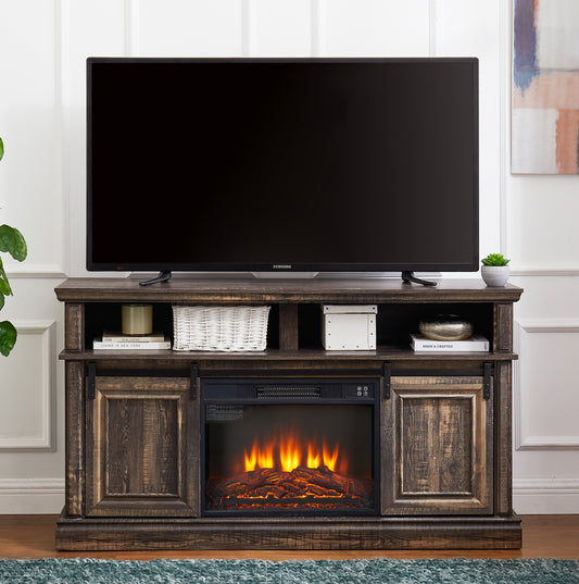 Modern Entertainment Console TV Stand with 23' Fireplace Insert, Multipurpose Sliding Door TV Cabinet Large Storage Space, 58.11'W*15.79'D*32.36'H Antique brown