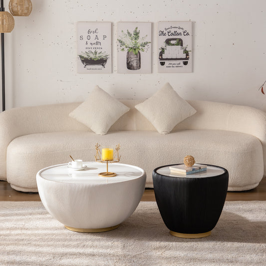 Modern Coffee Table Set, Round Drum Coffee Table with Sintered Stone, PU Leather and metal Base, White and Black Set, 29.53' & 19.7'