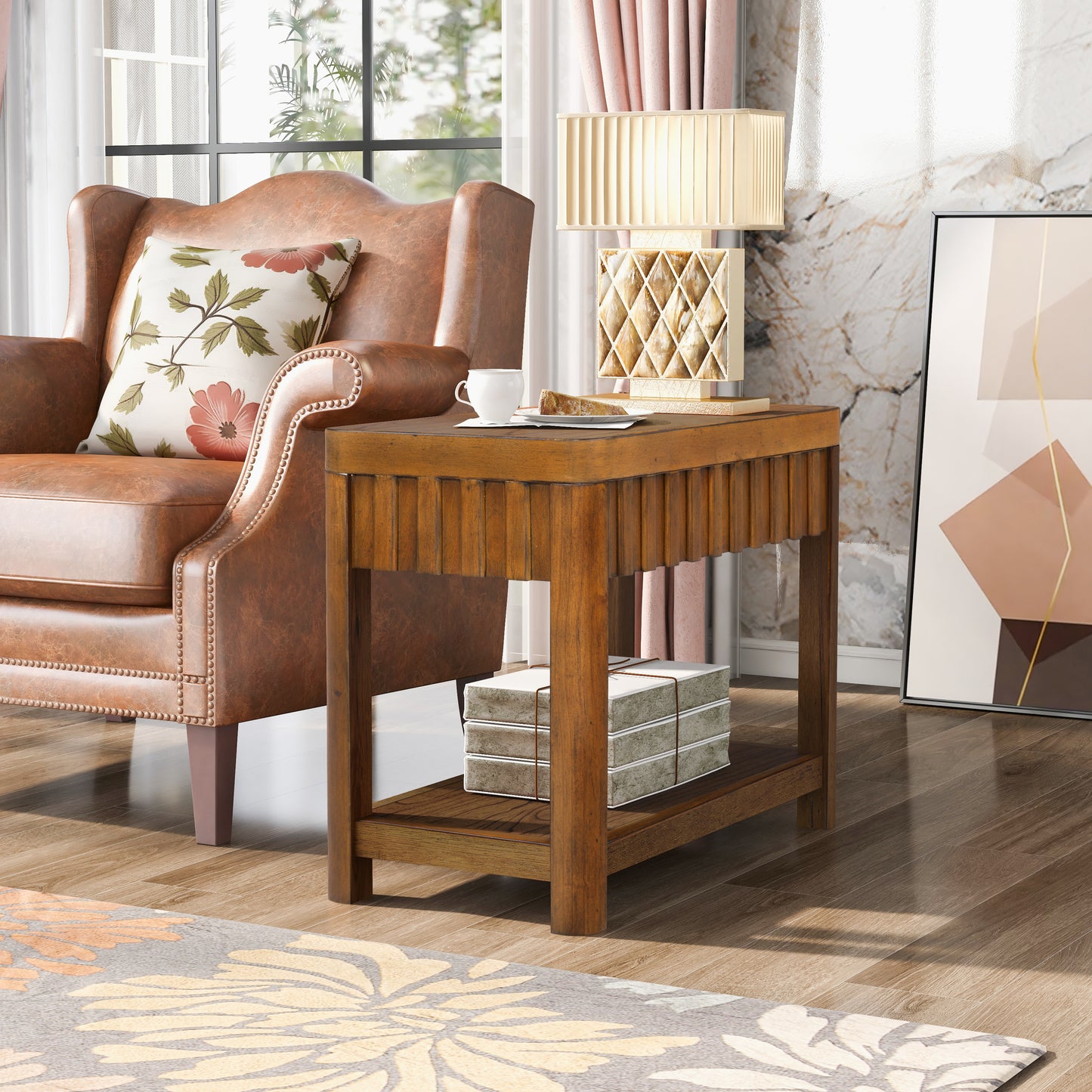 25'' Rectangular Farmhouse End Table with Storage Shelf, Sofa Side Table with Solid Wood Legs for Living Room, Bedroom, Office, Walnut
