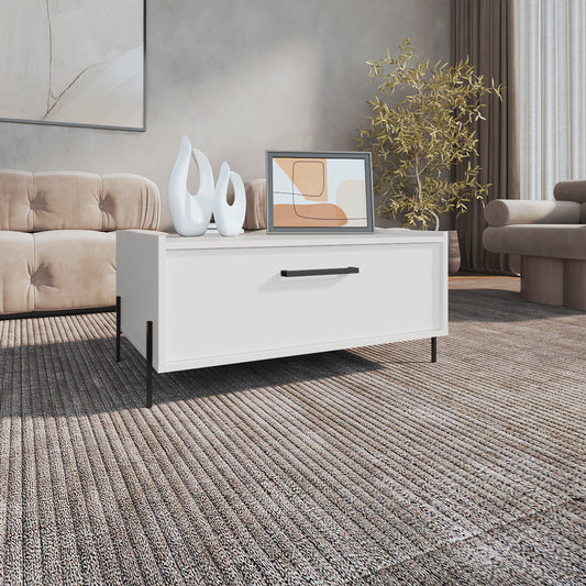 Shan 15'High Minimalistic Coffe Table with Pull Down Cabinet and Open Shelf White