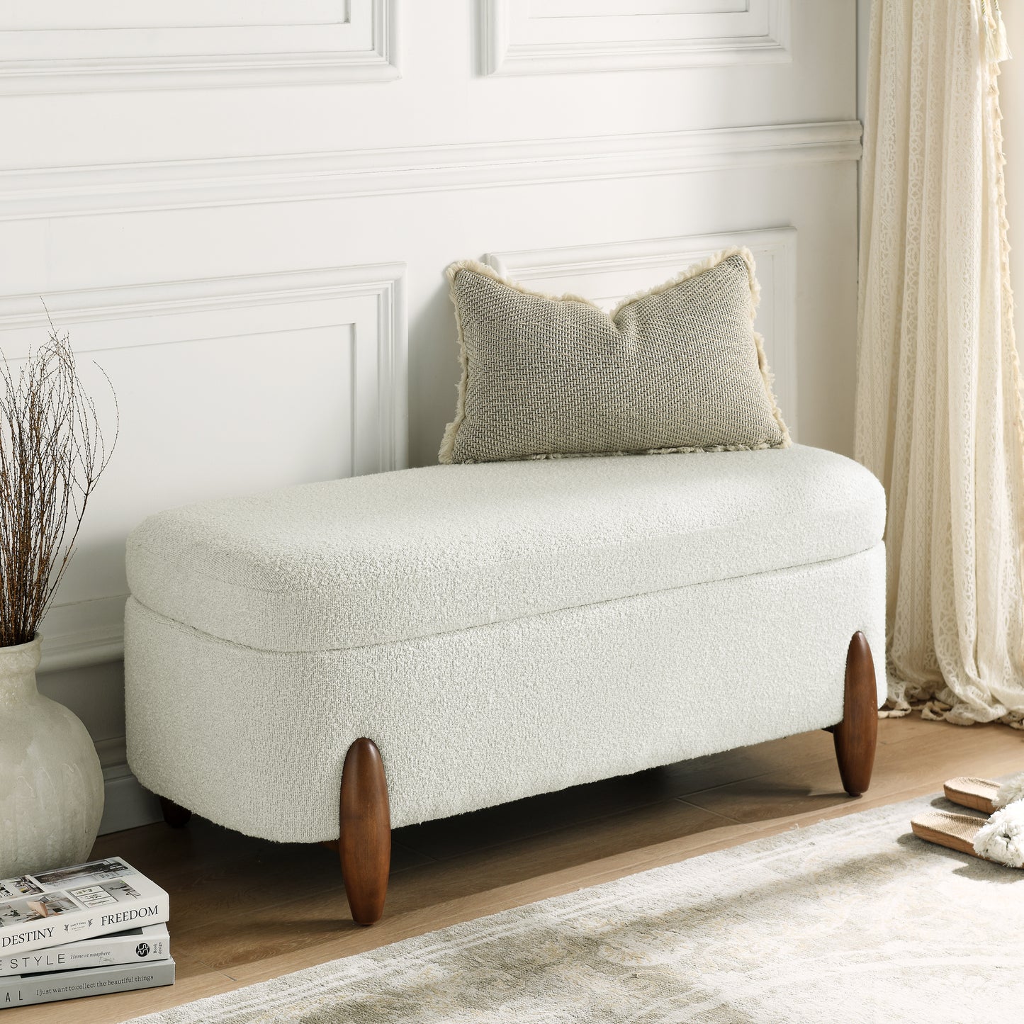 Ottoman bench with storage and seat cushion, made of looped gauze material, suitable for bedrooms, living rooms, and entrance passages-BEIGE(42.5'*20.5'*18.5')