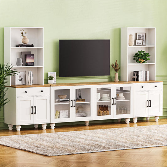 ON-TREND Farmhouse TV Stand with Solid Wood Gourd-Shaped Legs for TVs Up to 70', Entertainment Center with Bookshelves & Tempered Glass Doors, Media Console with Adjustable Shelves, Living Room, White