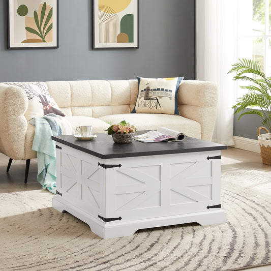 Farmhouse Coffee Table, Square Wood Center Table with Large Hidden Storage Compartment for Living Room, Barn design Center Table Rustic Cocktail Table with Hinged Lift Top for Home L31.5''*W31.5''*H18