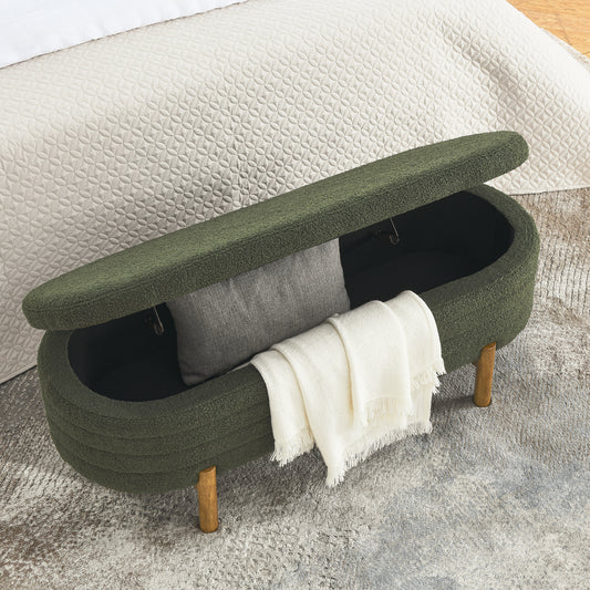 Ottoman Oval Storage Bench,Rubber Wood Leg, Green(46.'x17.7'x10.8')