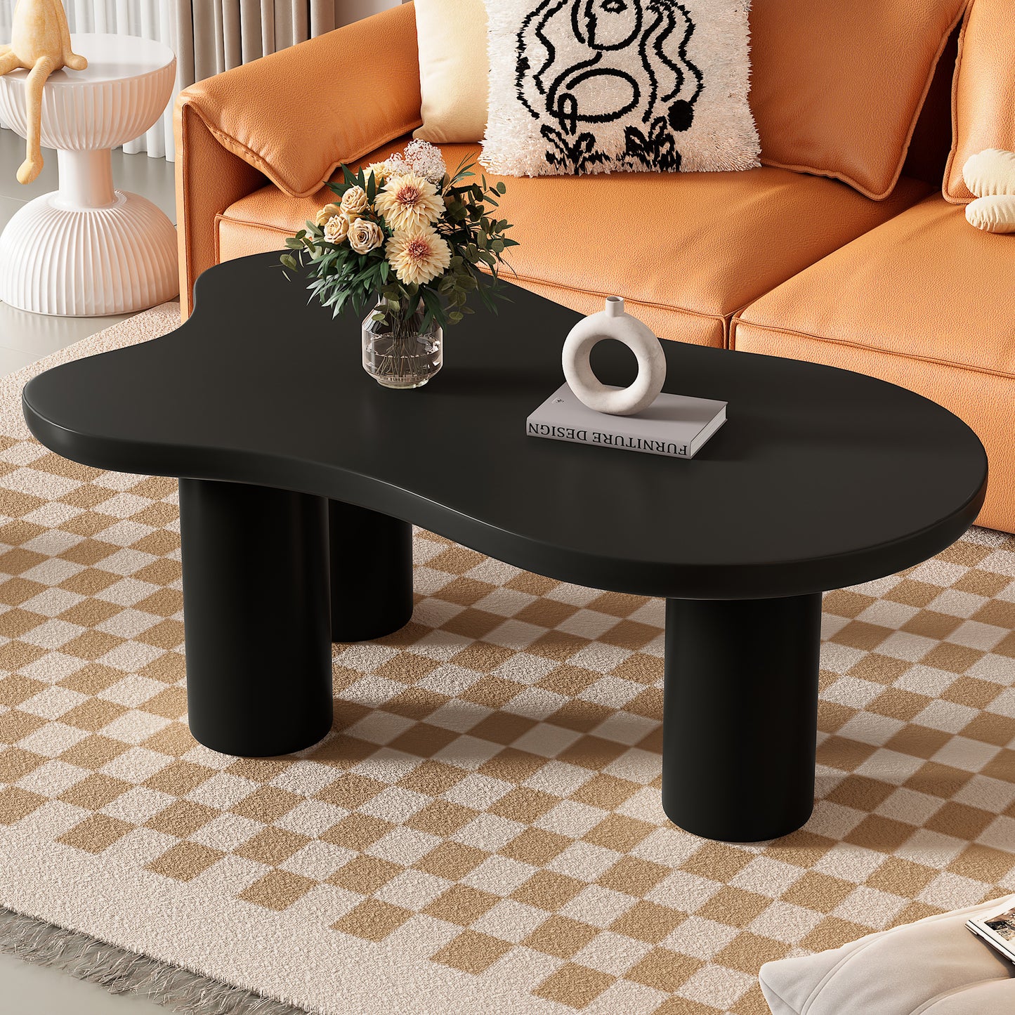 ON-TREND 44'' x 25.9'' Easy Assembly Cloud Coffee Table with 1.5'' Thick Tabletop, Cream Style Irregular End Table with 3 Sturdy Legs, Sleek Center Table with Round Edge for Living Room, Black