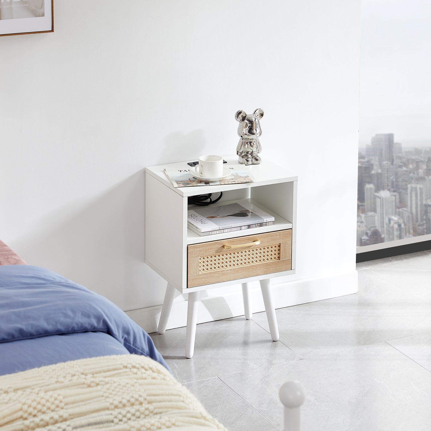 15.75' Rattan End table with Power Outlet  & USB Ports , Modern nightstand with drawer and solid wood legs, side table for living room, bedroom, white