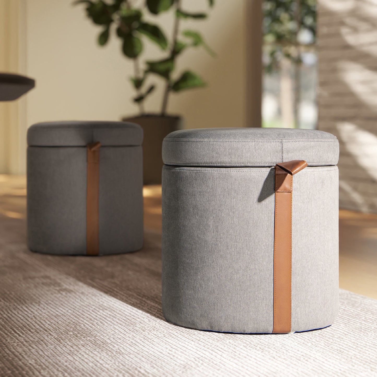 Brandy 14' Round Upholstered Storage Ottoman with Leather Accent, Uptown Gray