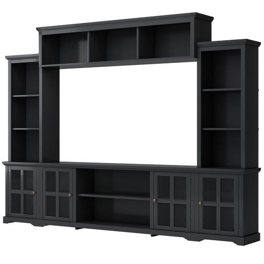 ON-TREND Minimalism Style Entertainment Wall Unit with Bridge, Modern TV Console Table for TVs Up to 70', Multifunctional TV Stand with Tempered Glass Door, Black