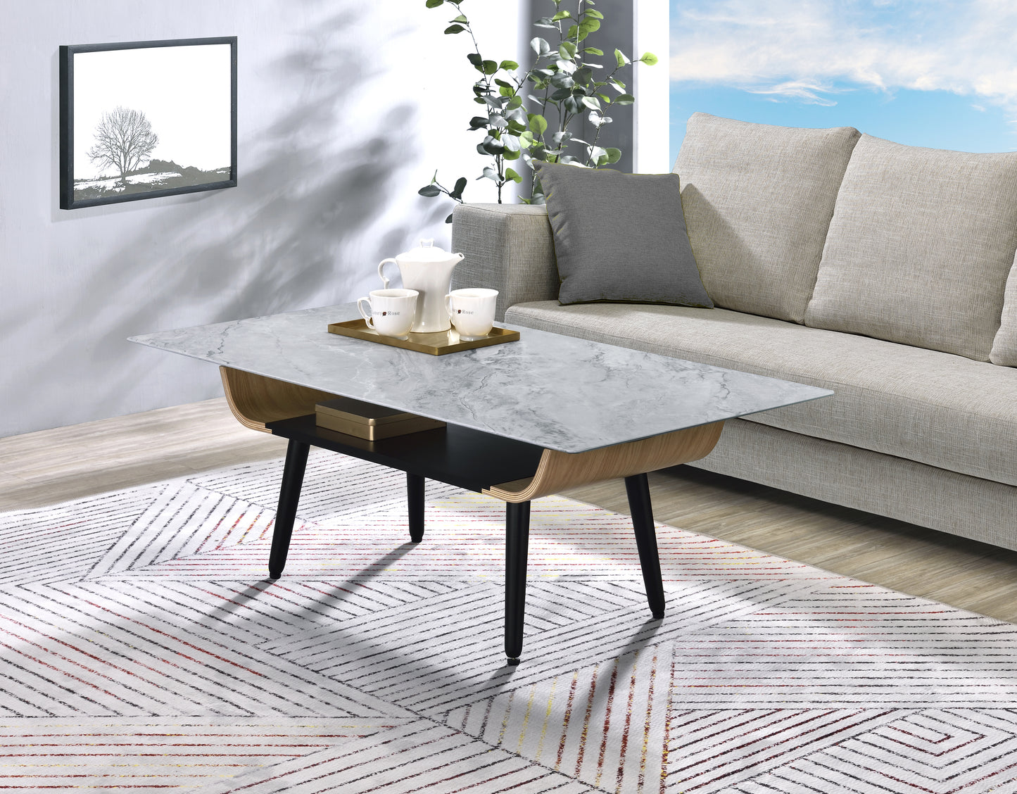Landon 47' Coffee Table with Glass Gray Marble Texture Top and Bent Wood Design