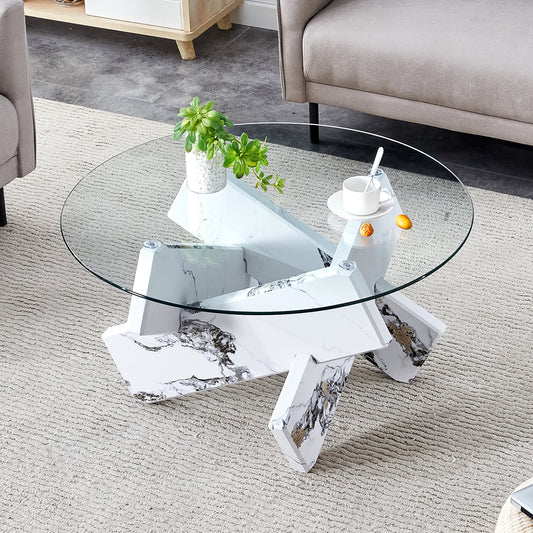 Round glass coffee table, 33.4 'modern design unique coffee table. Tempered glass countertop with white patterned MDF legs. Suitable for living and dining rooms