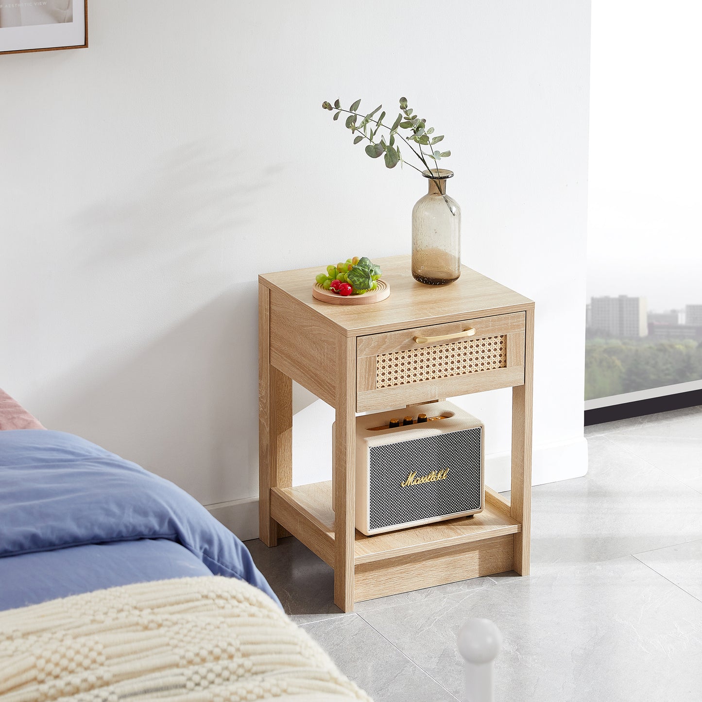 15.75' Rattan End table with  drawer, Modern nightstand, side table for living room, bedroom,natural