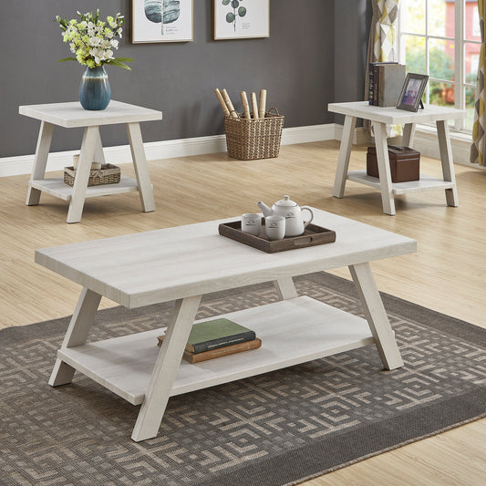 Athens Contemporary Wood Shelf Coffee Table Set in White Finish