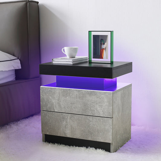 Nightstand LED Bedside Table Cabinet Lights Modern End Side with 2 Drawers for Bedroom (Gray)