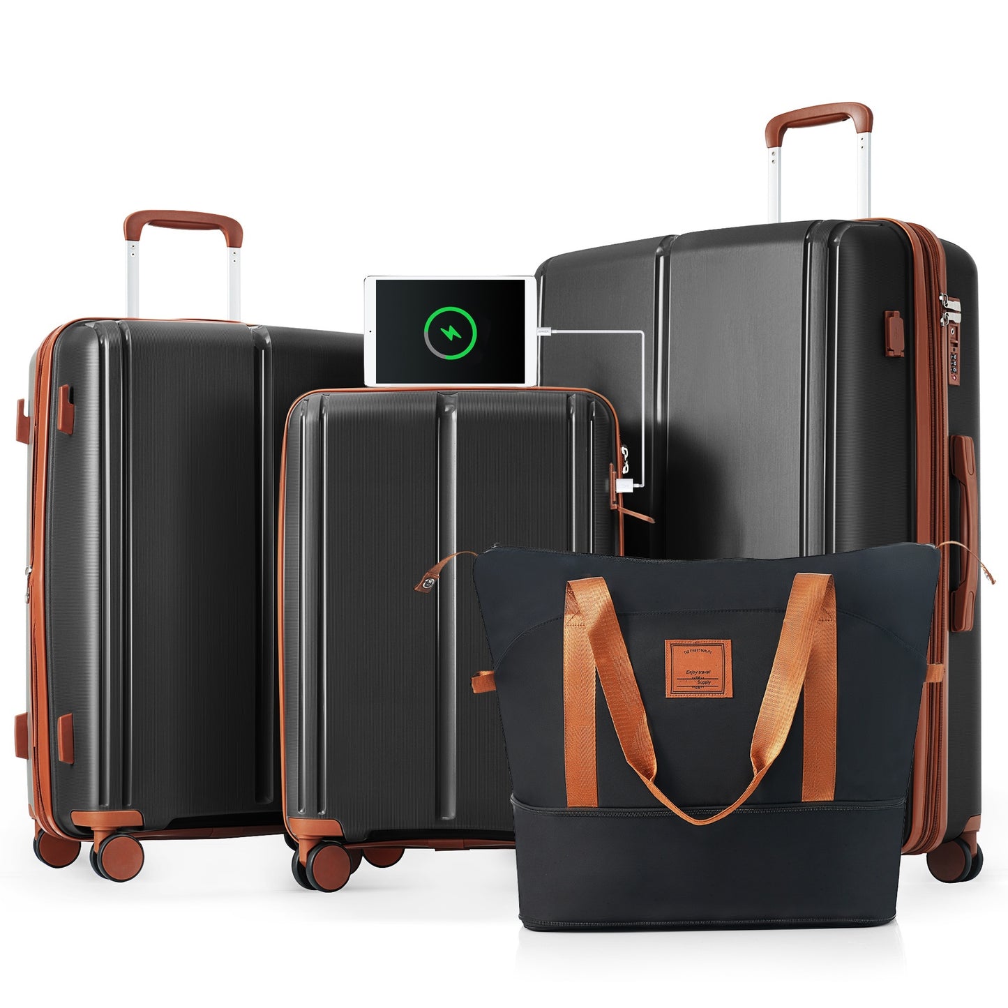 Luggage Sets 4 Piece, Expandable PP Lightweight Suitcase with Travel Bag, Carry On Luggage Suitcase Set with 360° Spinner Wheels, black and Brown
