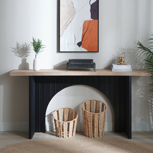 Modern Minimalist Console Table with Black Arch Base and Natural Wood Top,66in Length Console Table,Wood Table
