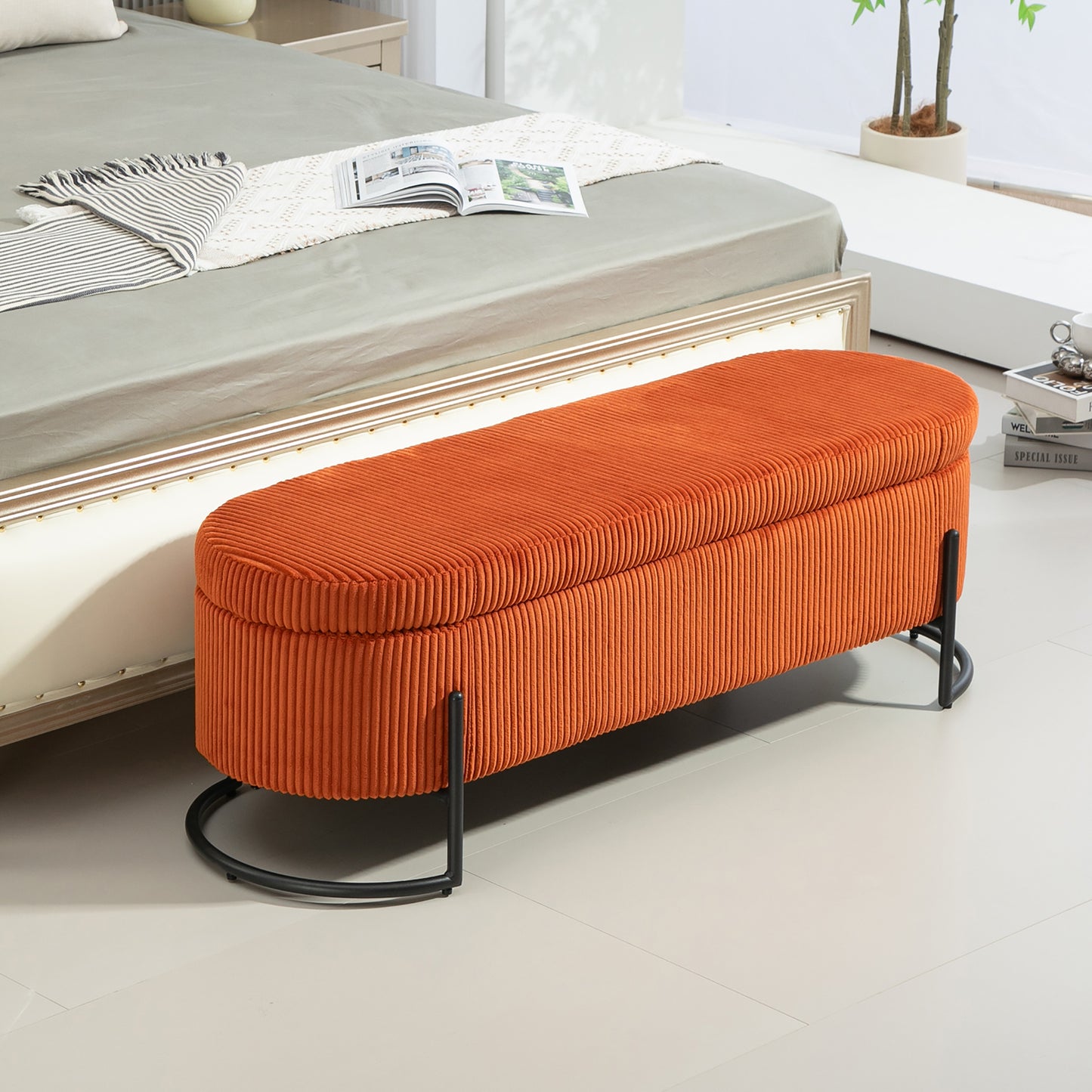 House Hold Storage Ottoman,Bedroom End Bench,Upholstered Fabric Storage Ottoman with Safety Hinge, Entryway Padded Footstool, Ottoman Bench for Living Room & Bedroom (Orange)
