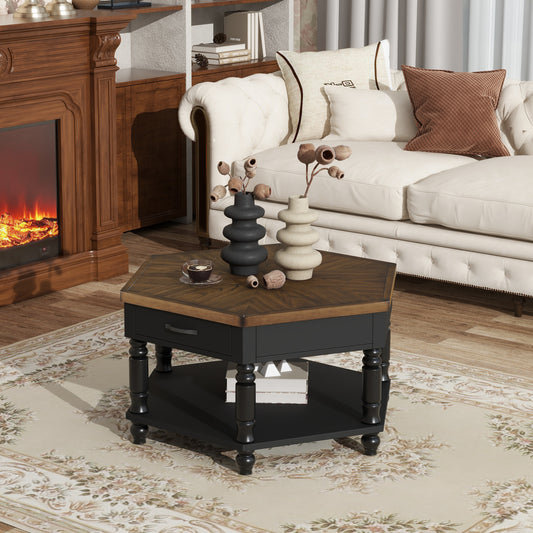 2 Tier Retro Hexagon Living Room Solid Wood Coffee Table with Shelf & Drawer, 36'' Mid-Century Center Coffee Table for Living Room, Office.  Black and Cherry Top