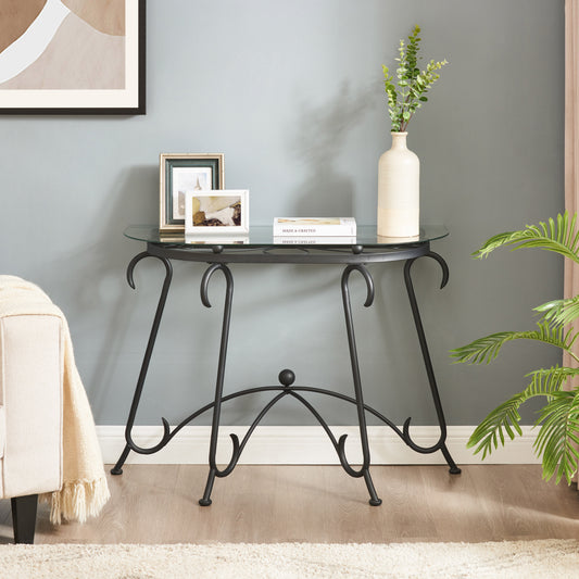 Tempered Glass Surface Console Table Coffee Table with Sturdy Construction for Living Room (Rustic Black)