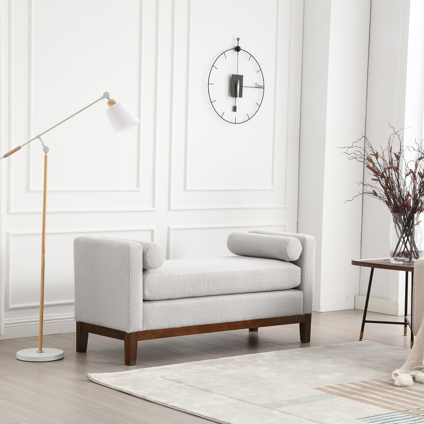 53.5'W Elegant Upholstered Bench, Ottoman with Wood Legs & Bolster Pillows for End of Bed, Bedroom, Living Room, Entryway, Light Gray