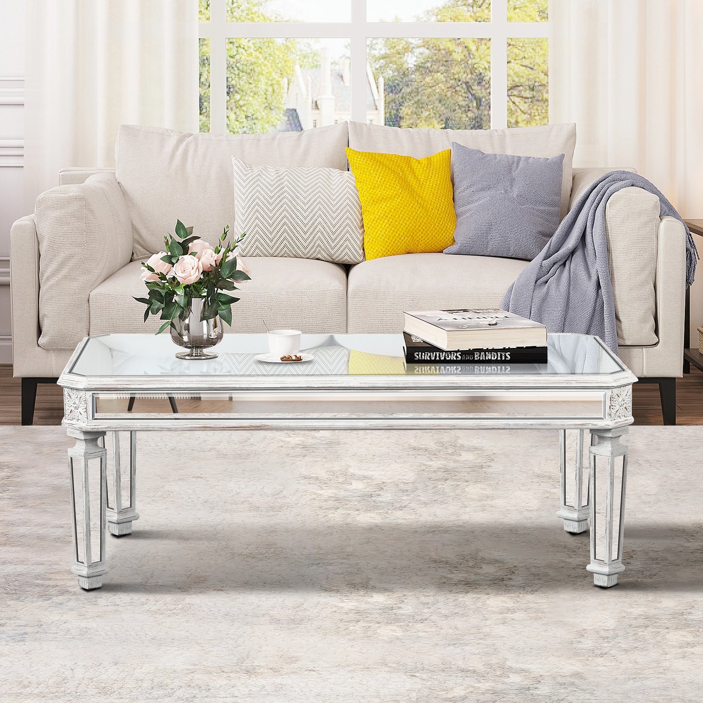 Silver Mirrored Coffee Table, Vintage Carved Elements, Rectangle Glass Tea Table with Mirrored Finish, Modern Center Table for Living Room and Office (24' D x 48' W x 18' H)