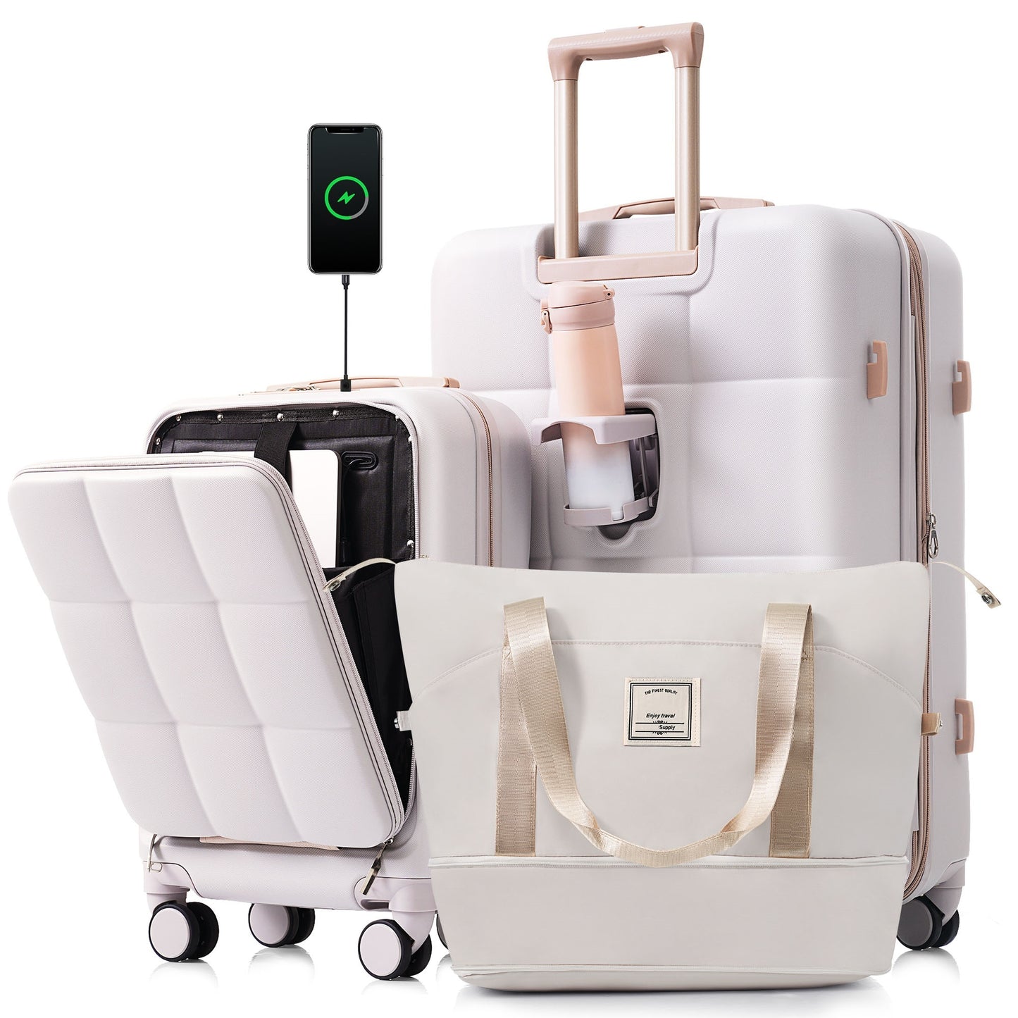 3-Piece Luggage Set with 20' Front-Opening Carry-On, 28' Expandable Suitcase, and Expandable Travel Bag, light grey