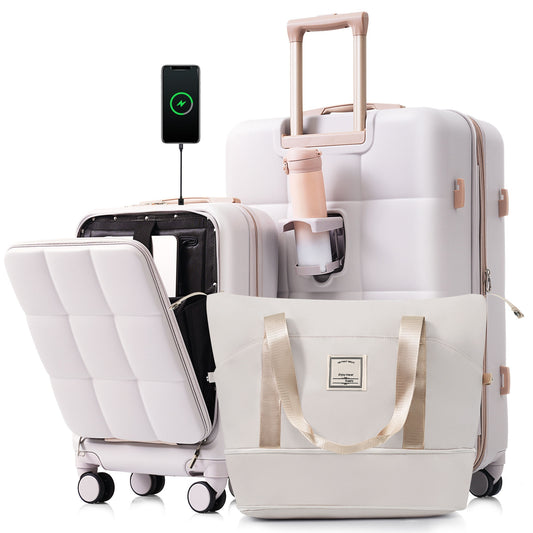 3-Piece Luggage Set with 20' Front-Opening Carry-On, 28' Expandable Suitcase, and Expandable Travel Bag, light grey