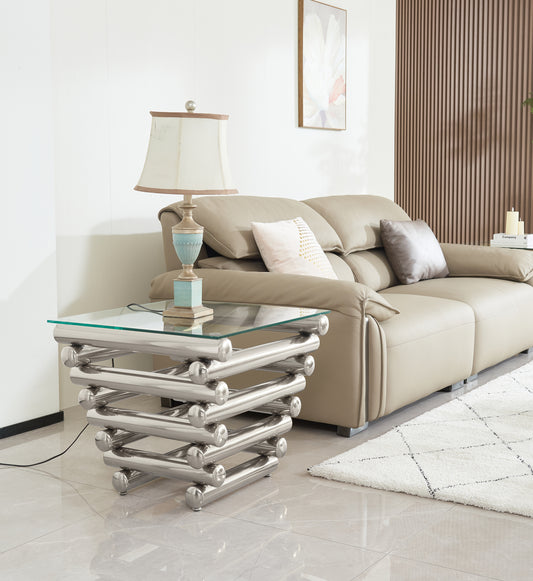 24' Square Modern Stainless Steel End Table, Clear Tempered Glass End Side Table, Living Room Coffee Table, with modern style, Silver