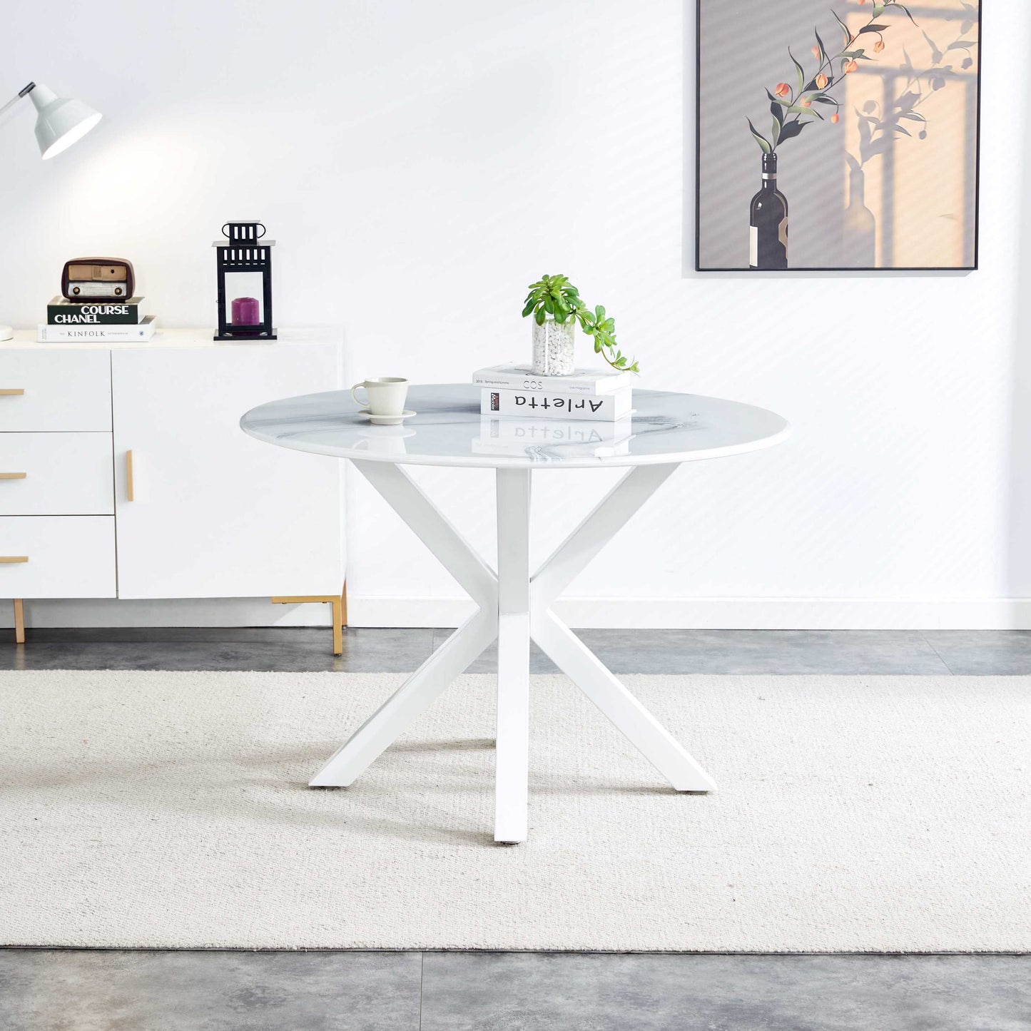 42.1'WHITE Table cross leg Mid-century Dining Table for 4-6 people With Round Mdf Table Top, Pedestal Dining Table, End Table Leisure Coffee Table
