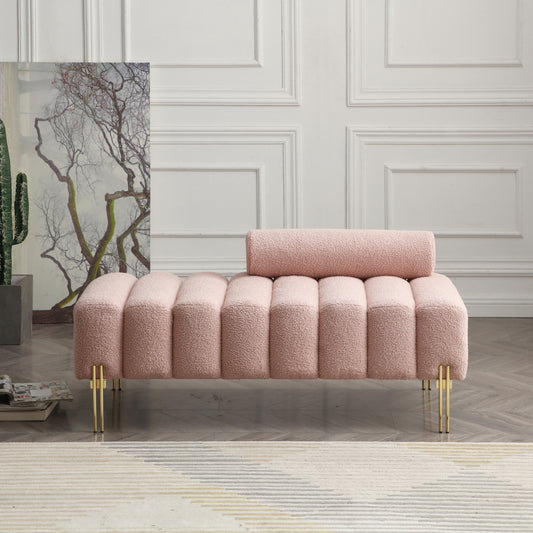 53.2' Width Modern End of Bed Bench Sherpa Fabric Upholstered 2 Seater Sofa Couch Entryway Ottoman Bench Fuzzy Sofa Stool Footrest Window Bench with Gold Metal Legs for Bedroom Living Room,Rose